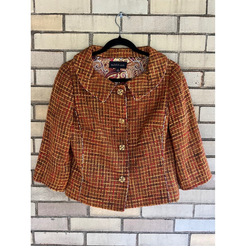 Isabel & Nina Fall Orange Tweed Jeweled Button Cropped Jacket Size 6 Small